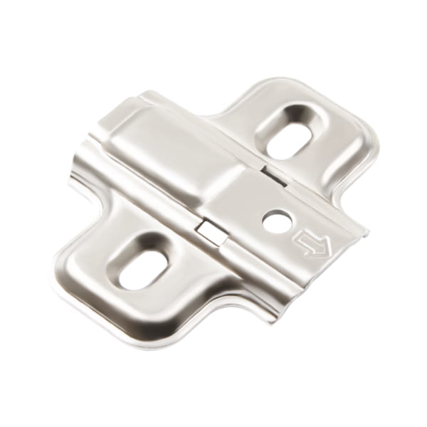 Frameless latch mounting plate TCH-11206 37.B02 with nickel-plated finish and T-X hinge system compatibility for frameless cabinets