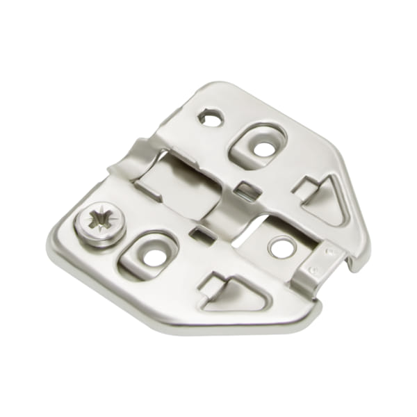 Frameless clip-on 3D mounting plate TCH-11302 37.D02 with cam adjustment and nickel-plated finish for modern cabinetry