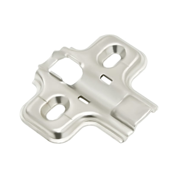 Frameless latch mounting plate TCH-11306 37.B02 with nickel-plated finish and T-X hinge compatibility for frameless cabinetry