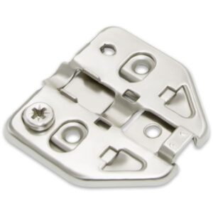 Frameless clip-on 3D mounting plate TCH-11502 37.D02 with nickel-plated finish, cam adjustment, and T-X hinge compatibility for frameless cabinetry