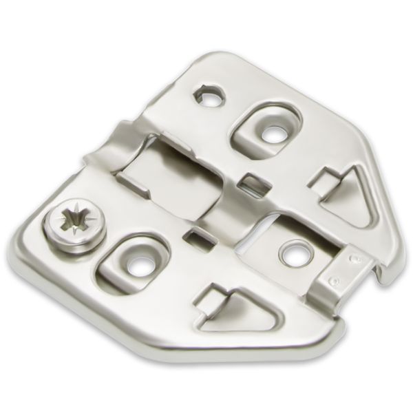 Frameless clip-on 3D mounting plate TCH-11502 37.D02 with nickel-plated finish, cam adjustment, and T-X hinge compatibility for frameless cabinetry