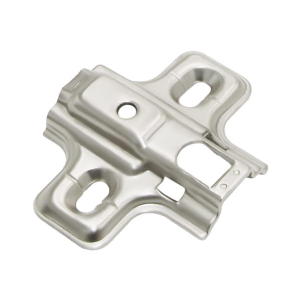 Frameless clip-on mounting plate TCH-14102 37.B02 with nickel-plated finish and T-X hinge compatibility for frameless cabinetry