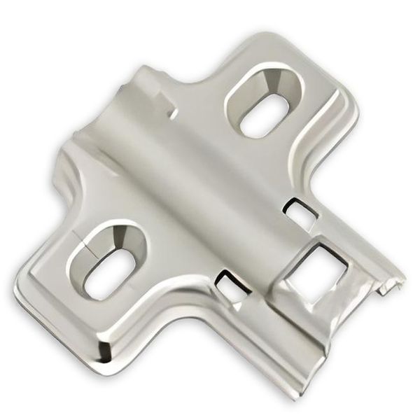 Frameless clip-on mounting plate TCH-14201 37.C02 with nickel-plated finish and T-X hinge compatibility for frameless cabinet construction