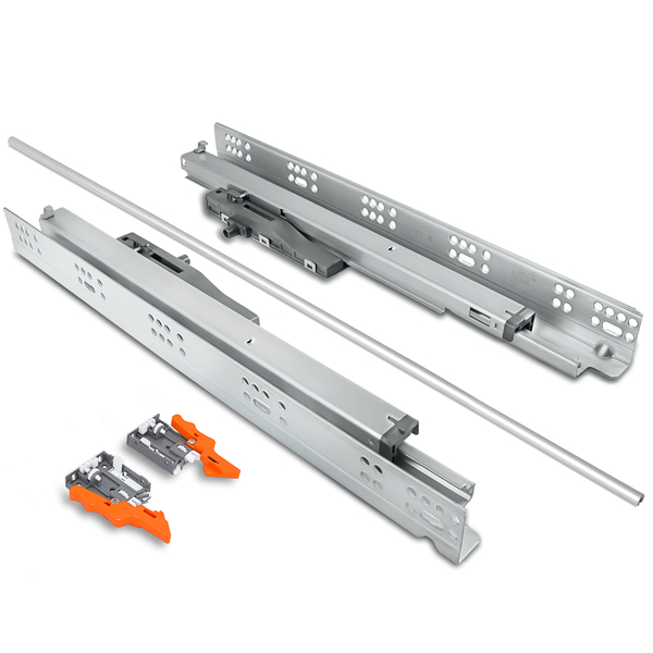 16mm push-open synchronized undermount drawer slides with rod, 75 lb capacity, for frameless and face frame cabinets