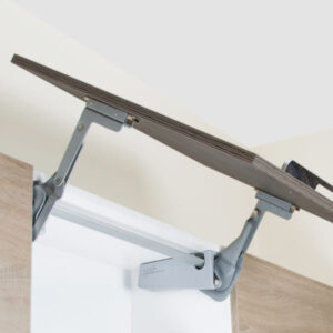 Vertical swing lift-up cabinet door with upward motion for compact spaces