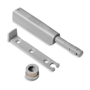 Push-to-open magnetic cabinet door lock-latch with spring-loaded release, ideal for handle-free cabinet doors and modern furniture.