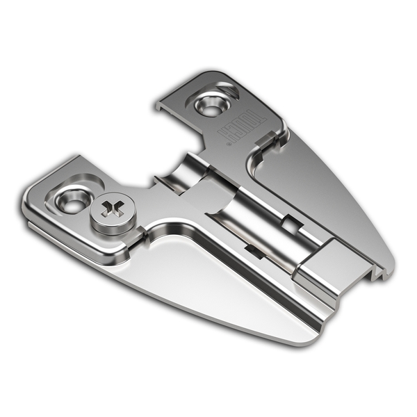 T-X face frame hinge mounting plate with nickel finish and cam height adjustment for full and half overlay hinges