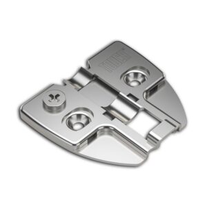 Frameless 3D mounting plate TCH-11400 37.D02 with cam adjustment, nickel-plated finish, and universal T-X hinge compatibility for modern cabinetry