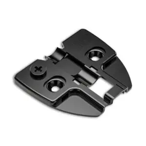 Frameless 3D hinge mounting plate with cam adjustment and nickel-plated finish for precise cabinet alignment