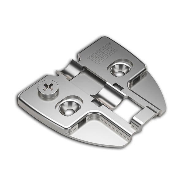 Frameless 3D mounting plate TCH-11400 37.D02 with cam adjustment, nickel-plated finish, and universal T-X hinge compatibility for modern cabinetry