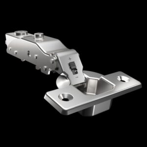 Full overlay soft-close 3D cabinet hinge with nickel finish, gap alignment, and angle restrictor for modern cabinetry