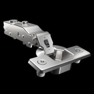 Full overlay soft-close 3D cabinet hinge with nickel finish, angle restrictor, and gap stability system for modern cabinetry applications