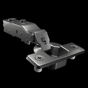 Full overlay soft-close 3D cabinet hinge with nickel-plated finish, angle restrictor, and gap stability system for modern cabinet designs
