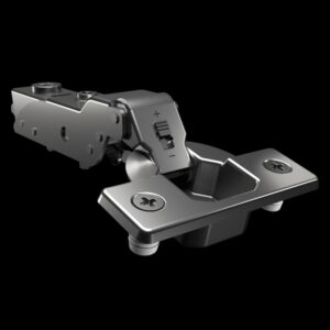 Half overlay soft-close 3D cabinet hinge with nickel finish, gap alignment, and angle restrictor for shared partition cabinet doors