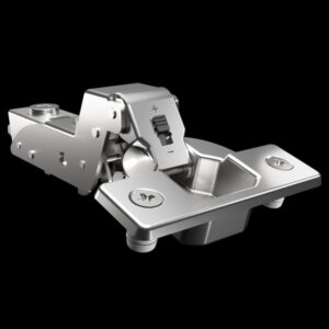 Inset soft-close 3D cabinet hinge with nickel-plated finish, cam adjustment, and angle restrictor for flush cabinet doors