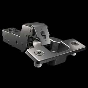 Inset soft-close cabinet hinge with 3D adjustment, nickel finish, and angle restrictor for flush door alignment
