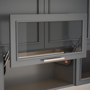 Vertical parallel lift mechanism mounted inside a wall cabinet