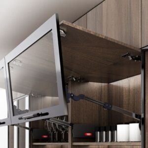 Bi-folding lift mechanism installed in a tall wall cabinet